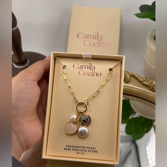 Camila Coelho Gold Necklace with Freshwater Pearls Charm Semi-Precious Stone - Picture 1 of 9